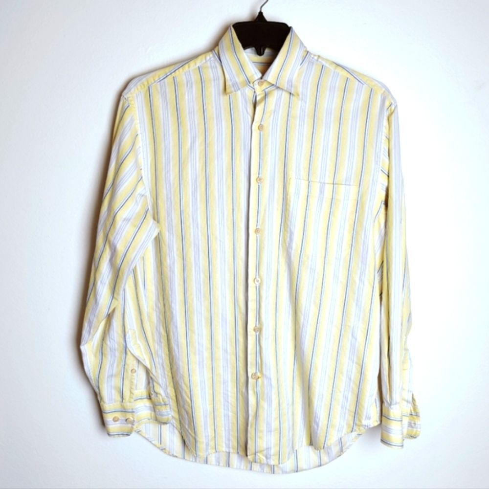 Robert Talbott Carmel Yellow Blue Striped Men's Button Down Shirt, Size M
